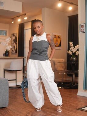 Women’s White Balloon Trousers with Gray Bustier Top